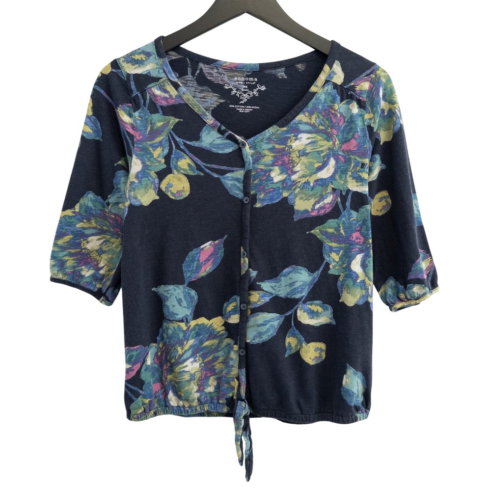 Sonoma Floral Button Front Blouse Womens PS Navy Knit Top Cottagecore Romantic